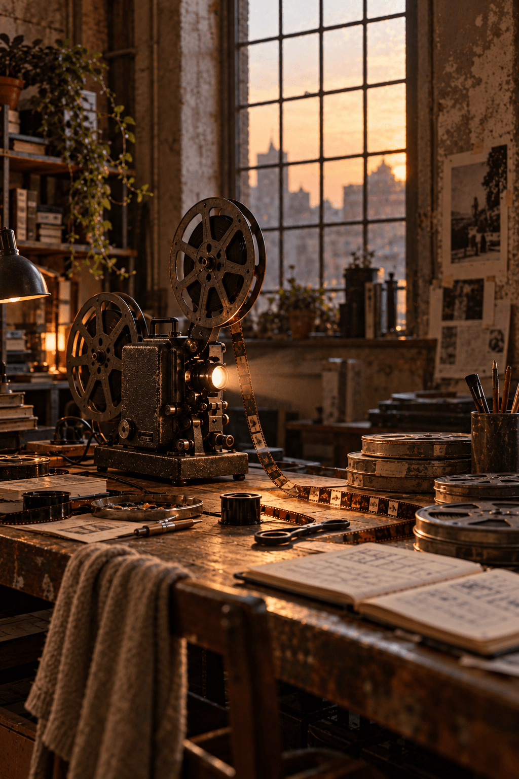 A working 16mm projector in a lived-in film editing room